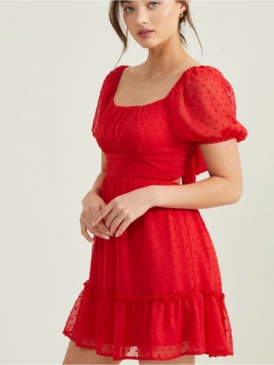 Altar'd State Dresses & Skirts - Altar'd State Red Clip Dot Smocked Puff Sleeve Mini Dress
